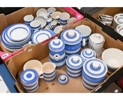 A quantity of T G Green 'Cornish' ware kitchen pottery, to/w similar blue striped wares (2 boxes)