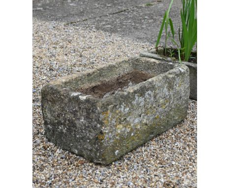 A large antique weathered cut stone water trough or garden planter, 80 cm w x 50 cm d x 36 cm h