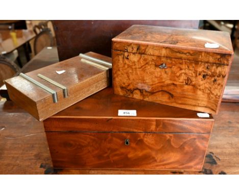 A German mahogany box with brass ring and plate side handles, 36 cm to/w a Victorian burr walnut tea caddy with two lidded in