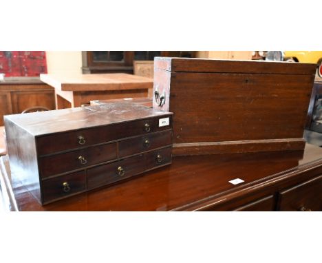 A Georgian mahogany small set of six collector's drawers with brass loop handles, 38 cm wide to/w a vintage teak ditty-box wi