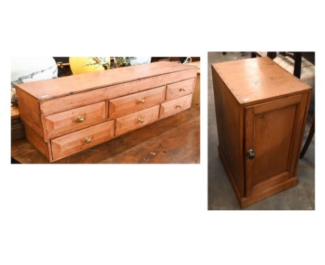 A vintage pine table top tool chest with seven drawers, 90 x 22 x 27 cm h, to/w an Edwardian pine cabinet with panelled door 