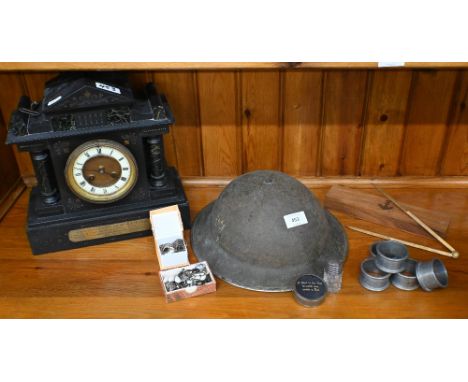 A World War II British steel helmet, to/w an Edwardian slate clock, various costume jewellery and Art Deco wristwatch, pewter
