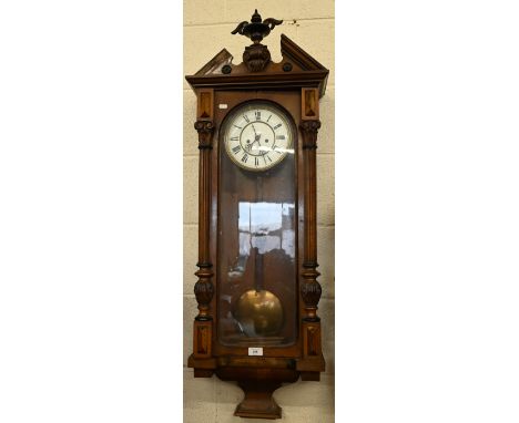 A 19th century walnut Vienna-style wall clock with enamel dial and wood and brass pendulum, 120 cm h