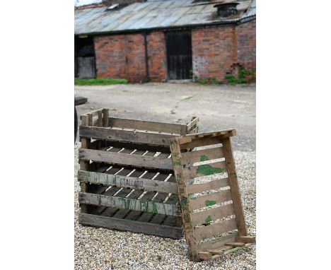 Six vintage pine stacking apple trays, some stenciled