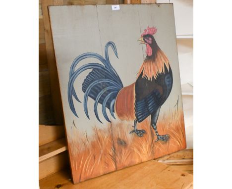 A vintage folk art polychrome painted cockerel on pine boards, 76 x 63.5 cm, industrial, signed and dated, to/w a brass adjus
