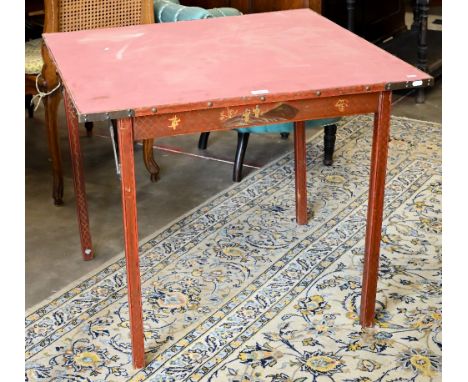 A vintage folding frame red chinoiserie games table, 82 x 82 x 69 cm h