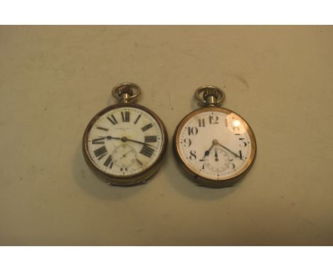 A large nickel plated pocket watch, having white enamel 5.8cm dial decorated Roman numerals and signed Flavelle Brothers Sydn