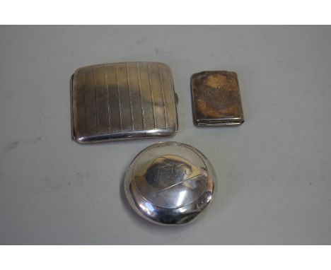 A silver engine turned cigarette case; together with a silver tobacco box; and a silver matchbook cover, 192g.