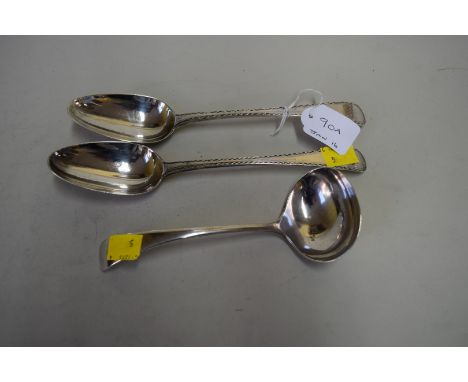 A pair of George III silver Old English pattern table spoons, by W.T, London 1778, having bright cut decoration; and a silver