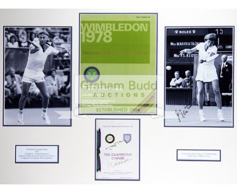 Framed display autographed by the 1978 men's & women's Wimbledon champions Bjorn Borg and Martina Navratilova,double-signed o