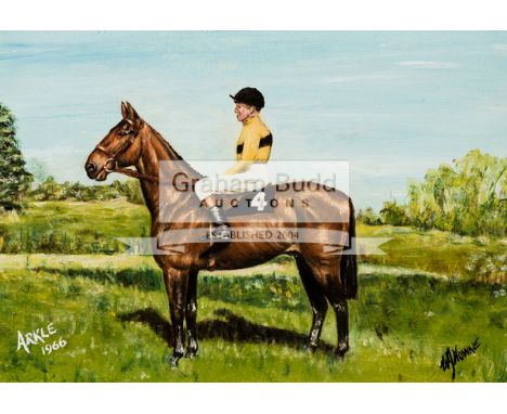 W J Nowne (20th century)PORTRAIT OF THE RACEHORSE "ARKLE" WITH PAT TAAFFE UPsigned, titled and dated 1966, oil on board, 26 b