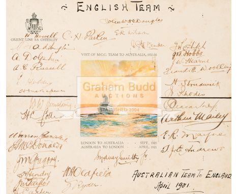 An ocean liner menu signed by the England cricket team to Australia in 1920-21 and the Australia cricket team to England in 1