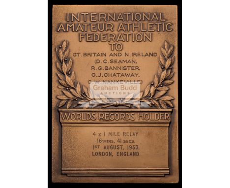 International Amateur Athletics Federation World Record plaque for the 4 x 1 Mile Relay won by the Great Britain team that in