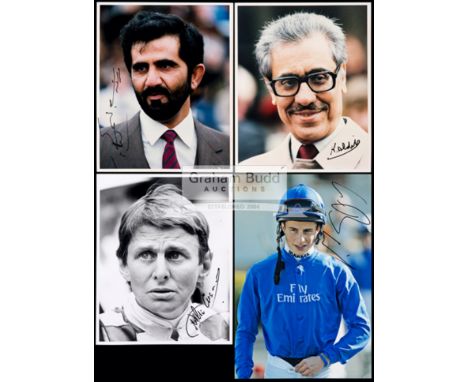 An album of signed photographs of flat race jockeys and owners,in sleeves in a ring binder file, 8 by 10 & 10 by 12in., colou