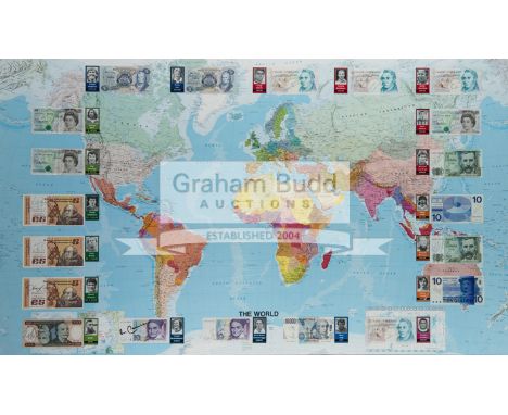 Signed Footballers of the World framed display,comprising a large scale map of the world applied with 20 banknotes each beari