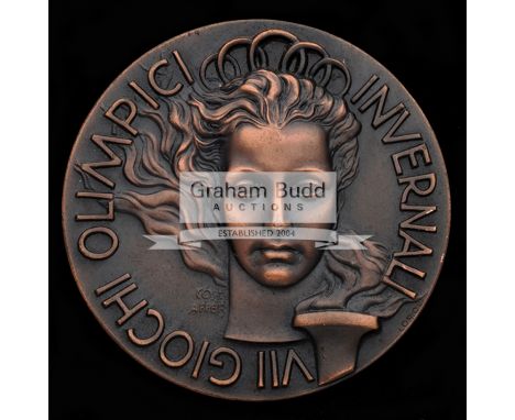Cortina 1956 Winter Olympic Games participant's medal, bronze, 45mm, by C. Affer. female head facing, crowned by Olympic ring