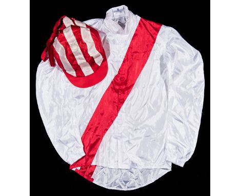 A set of race-worn silks in the colours of Saeed Manana owner of Warrsan, Night of Thunder, Luso etc.,white jacket with red s