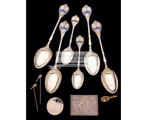 A set of six silver & enamel tennis spoons,four larger than is usual, for Sutton Grove Lawn Tennis Club, hallmarked Birmingha