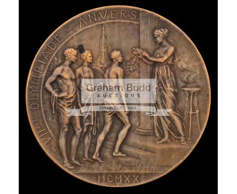 Antwerp 1920 Olympic Games participant's medal,bronze, signed P. Theunis, the obverse struck with a female figure crowning th