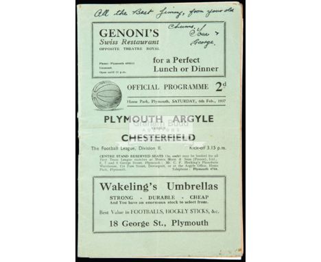 Plymouth Argyle v Chesterfield programme 6th February 1937,light folds with writing on cover, otherwise generally good