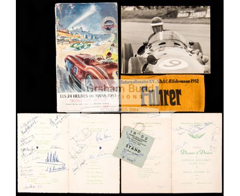 1950s motor racing memorabilia,notably two autographed British Racing Mechanics' Social Club annual dinner & dance menus for 