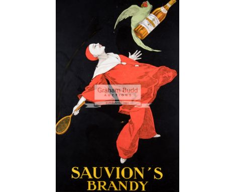 Joseph Stall (1874-1933)SAUVION'S BRANDYposter circa 1925 featuring a mime artist/clown character holding a tennis racquet wh