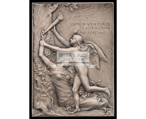 Paris 1900 Exposition Universelle International plaquette with presentation inscription,designed by O. Roty in silvered bronz