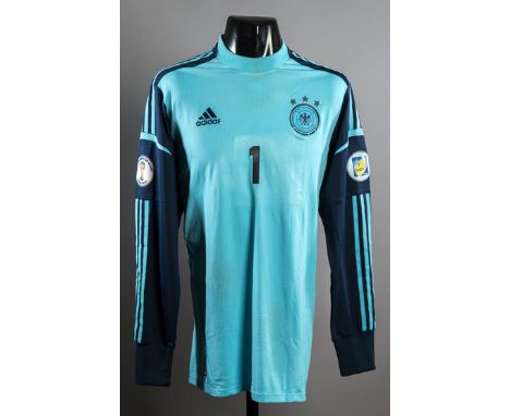 Manuel Neuer dark & light blue Germany No.1 goalkeeping jersey match-worn during the 2014 World Cup qualifying campaign,long-