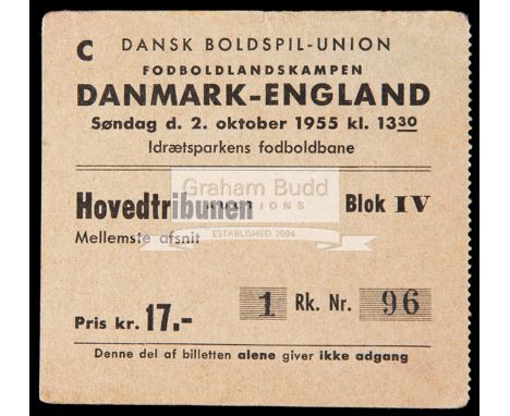 Denmark v England international football ticket 2nd October 1955,Played at Idraetsparken, Copenhagen