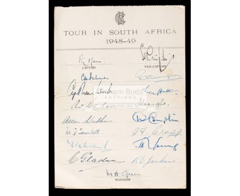 Official autograph sheet for the MCC 1948-49 Tour to South Africa,fully signed by manager Brigadier Michael Green and the 16-