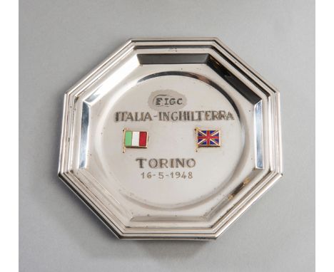 A player presentation for the Italy v England international match played in Turin 16th May 1948,in the form of an octagonal s