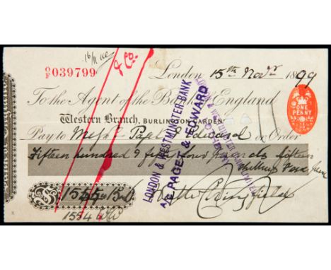 A rare example of the signature of the inventor of lawn tennis Major Walter Clopton Wingfield,in the form of a signed Bank of