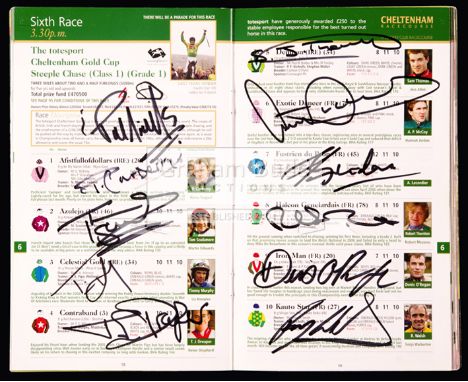 A collection of seven signed Cheltenham Gold Cup racecards,i) 2004 (Best Mate) signed inside by all the competing jockeys, an