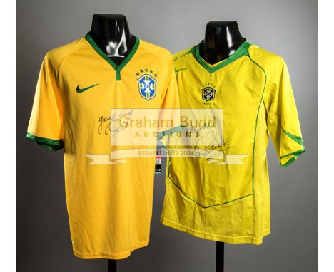 A duo of Brazil 5-star replica jerseys bearing the signatures of the 1970 World Cup winners Pele, Jairzinho & Carlos Alberto,