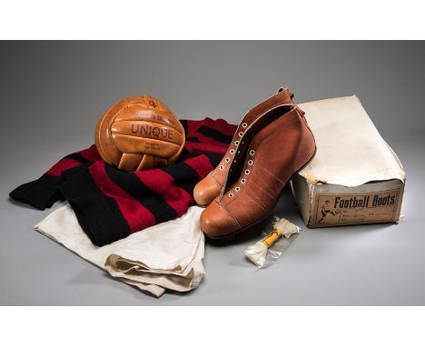 Vintage English football and playing kit,an English 'Unique' tan leather size 4 football; together with a red & black hooped 