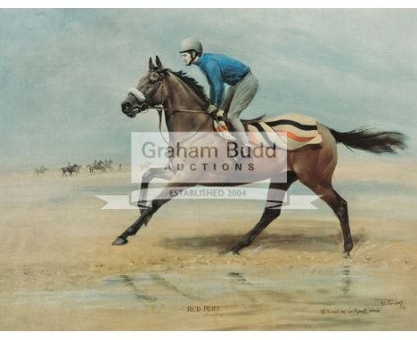 A Ginger McCain signed limited edition Susan Crawford print of "Red Rum",signed by the racehorse trainer to the backboard in 