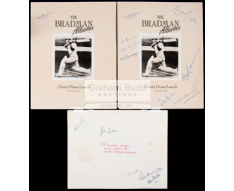 From the Godfrey Evans Collection: a pair of autographed dinner menus for the launch of The Bradman Albums in 1987,the first 