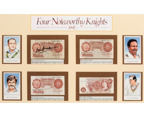 Signed framed cricket presentation titled "Four Noteworthy Knights",comprising four Bank of England ten shillings notes signe