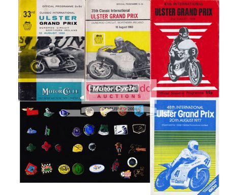 Ulster Grand Prix motorcycle year badge collection,26 in total, each metal & enamel pin badge featuring a different design fo