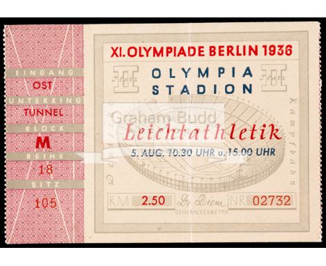 Berlin 1936 Olympic Stadium entrance ticket for 5th August the day Jesse Owens won the 200m in a World Record time of 20.7sec