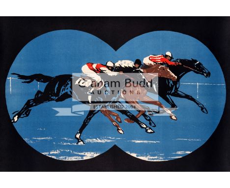 Vintage horse racing poster designed as a view of the runners from a pair of binoculars,anonymous, colour lithograph, 66 by 9