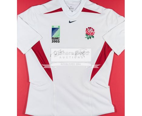 An England 2003 Rugby World Cup replica shirt double-signed by Martin Johnson & Jonny Wilkinson,signatures in black marker pe