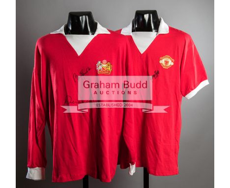 Two Manchester United retro home jerseys bearing signatures of the 'Holy Trinity' George Best, Bobby Charlton & Denis Law,the