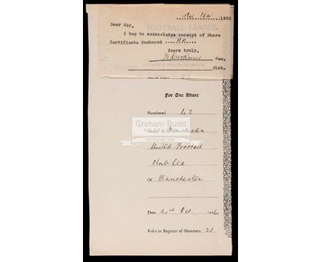 1926 Football League share certificate acknowledgement signed by Manchester United secretary 14th October 1926One week earlie