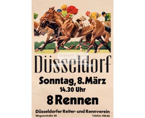 A vintage German poster for horse racing at Dusseldorf,signed L. SCHWANN in the plate, colour lithograph published in Dusseld