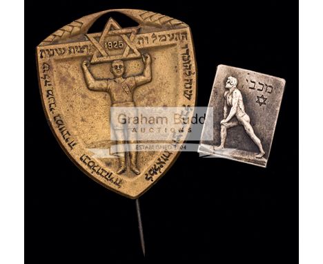 Two Jewish sports pinbacks,The first silvered featuring athlete and "Maccabi" in Hebrew above Star of David, believed to be C