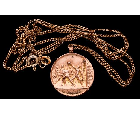 First World War period 9ct. gold football medal for a Navy v Army match,named to W.MILLAR and dated 1917, with later chain