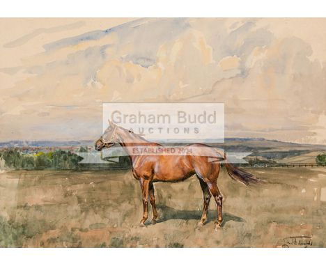 Lionel Edwards (1878-1966)PORTRAIT OF THE FILLY "HAPPY LAUGHTER"  THE 1953 1,000 GUINEAS WINNER IN A LANDSCAPEsigned & dated 