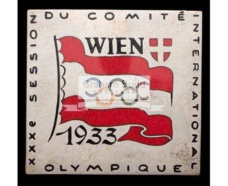 IOC Olympic Session badge for Vienna in 1933,silvered metal & enamel, in original case 