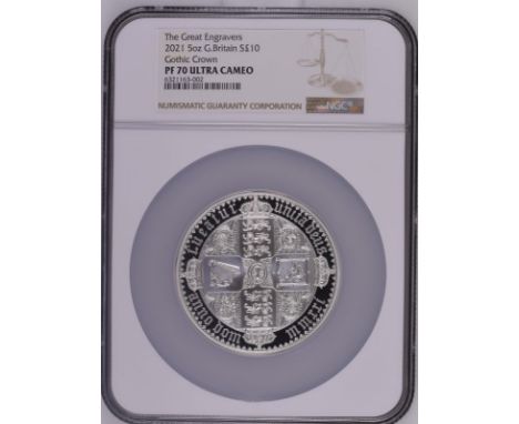 UNITED KINGDOM. Elizabeth II, 1952-. Silver 10 pounds, 2021. Royal Mint. Proof. The Great Engravers seriesA re-interpretation